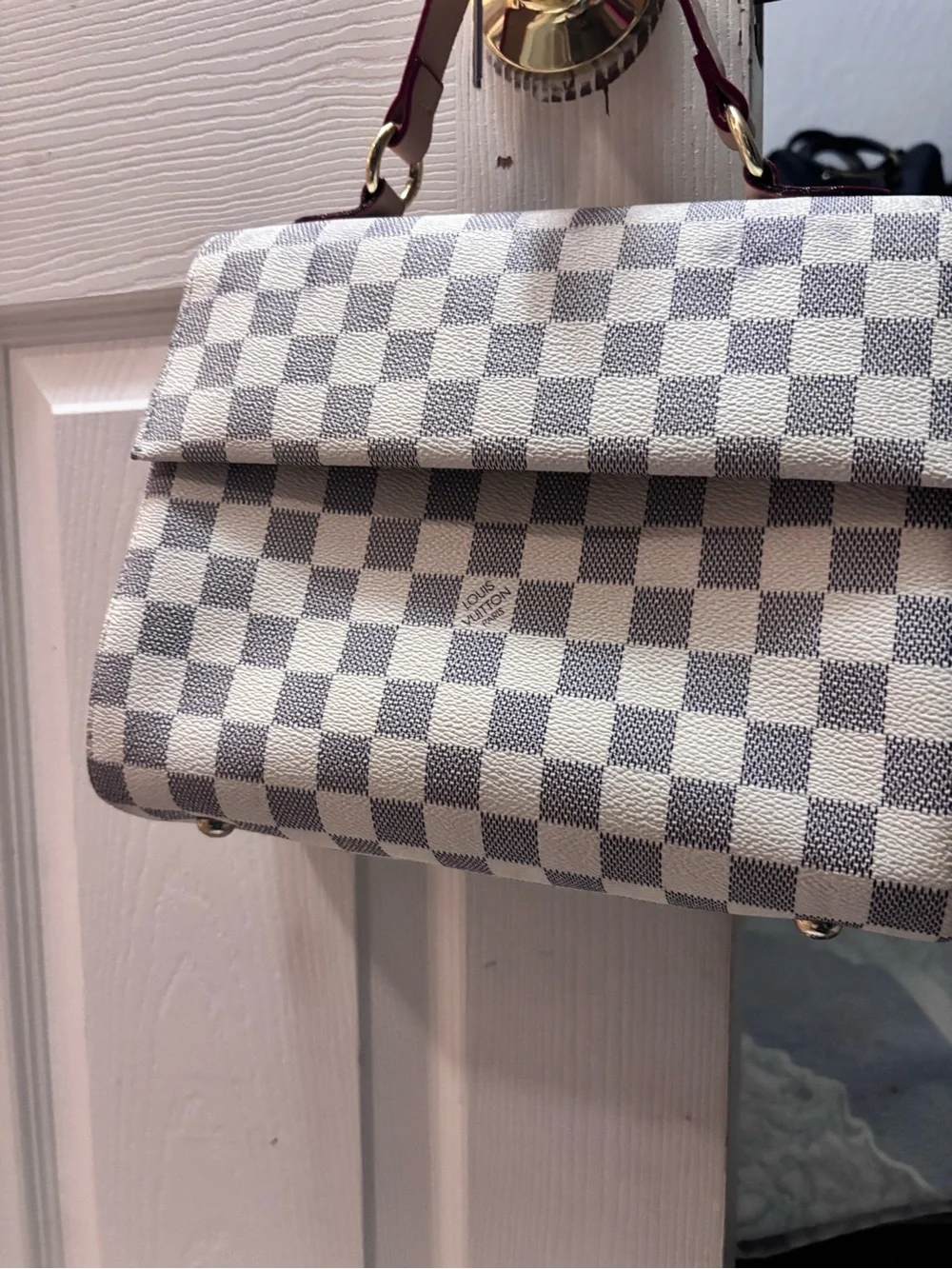 Inspired Damier Check Canvas Top Handle Bag in White/Gray by Louis Vuitton
